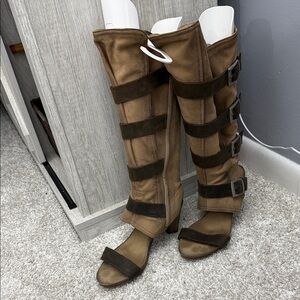 Brown and Tan Knee-High Buckle Boots